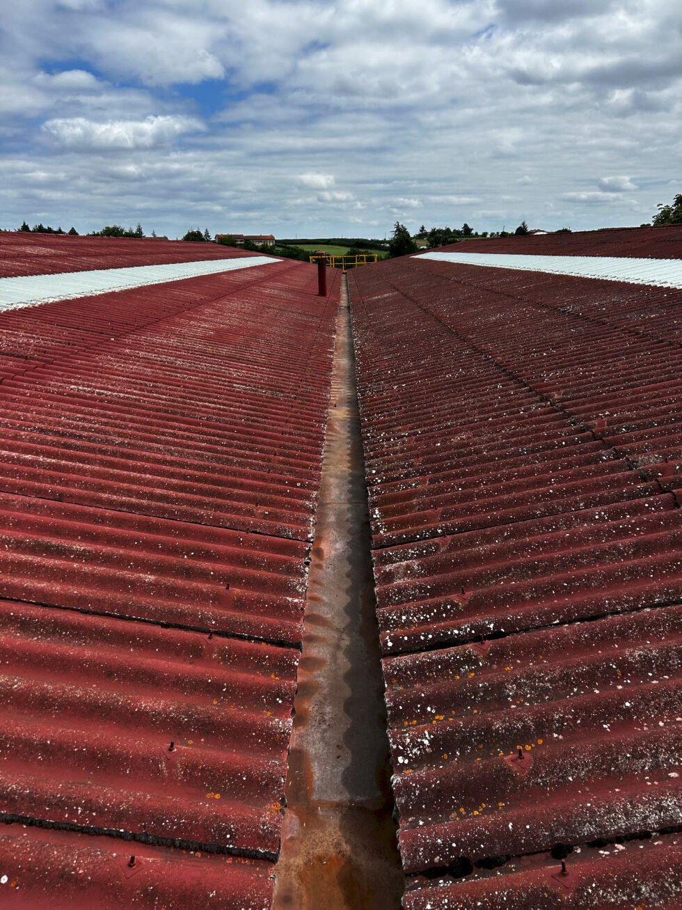 nettoyage d'une noue sur toiture fibre ciment d'un bâtiment industriel à soucieu en jarrest 69
