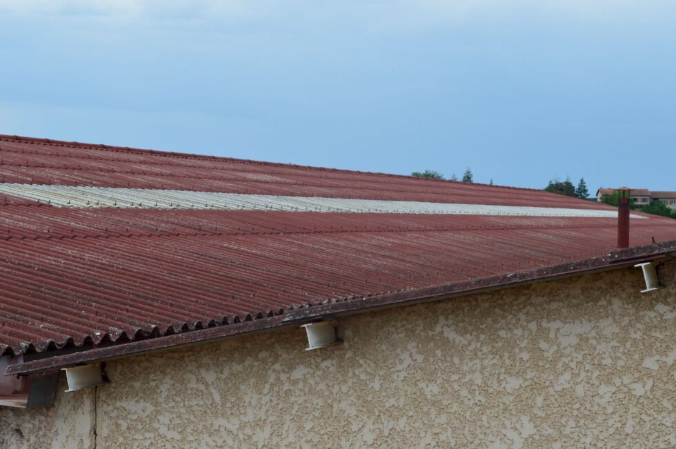 Maintenance toiture fibre ciment avec plaque polyester a remplacer chantier SCI PERRON soucieu en jarrest 69