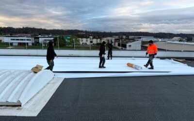 Déploiement d’une membrane tpo blanche sur toiture industrielle avec équipe en intervention